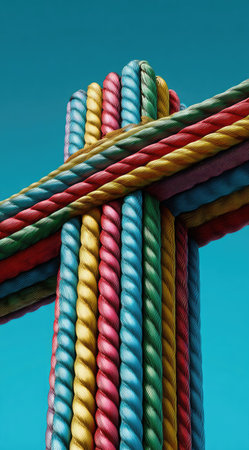 Colorful ropes in a row on a blue background with copy spaceの素材