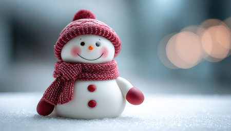 Snowman with red scarf and hat on snow with bokeh backgroundの素材