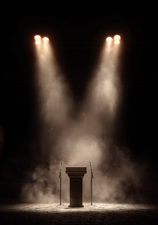 Podium with a microphone on stage illuminated by spotlights and smokeの素材