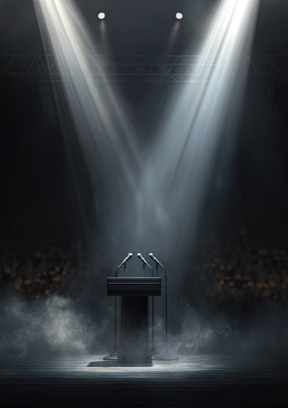 Podium with microphone and lighting effect. Stage Spotlight. 3d renderingの素材