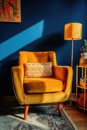 Yellow armchair with pillow and lamp on blue wall, interior designの素材
