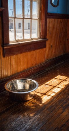 Bowl of water in the interior of an old wooden house.の素材