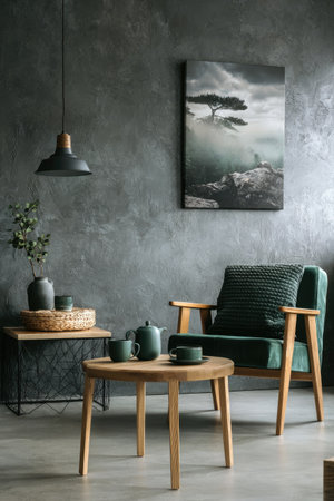 Green armchair and coffee table in modern living room interior with paintingの素材