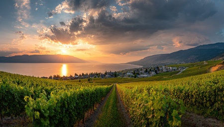 Vineyards at Lavaux region in Switzerland at sunset. Lavaux is a winegrowing region in the Alps.の素材