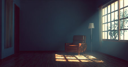 interior with large window and chair. 3d render illustration mock upの素材