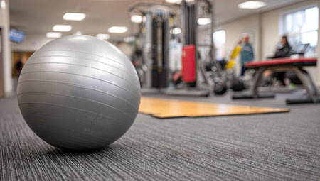 Fitness ball in a gym with people working out in the backgroundの素材