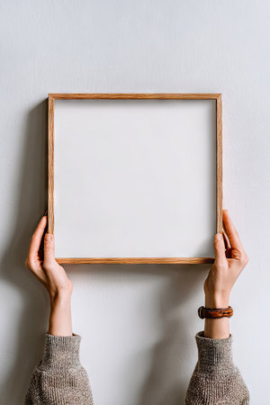 cropped shot of woman holding wooden frame on white background with copy spaceの素材