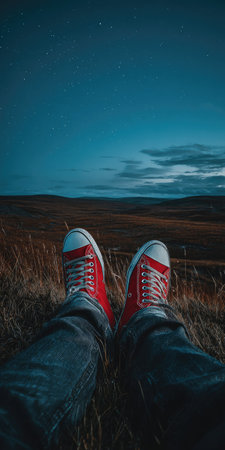 Selfie of red sneakers on the top of a hill at nightの素材