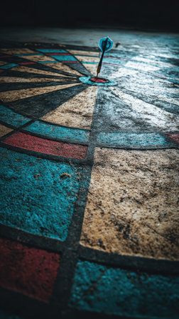 Dartboard on the ground in the dark. Selective focus.の素材
