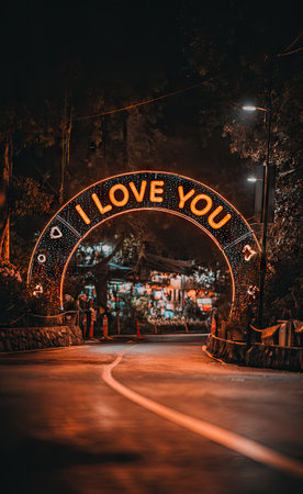 I love you sign on the road at night, vintage color toneの素材