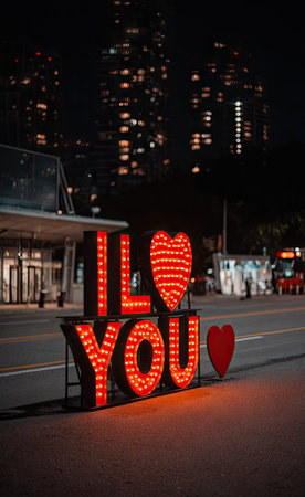 I Love You sign in the city at night, Los Angeles, Californiaの素材