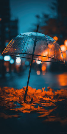 Umbrella in the rain on the city street at night.の素材