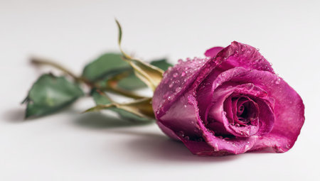 Beautiful pink rose with drops of water on a white background.の素材