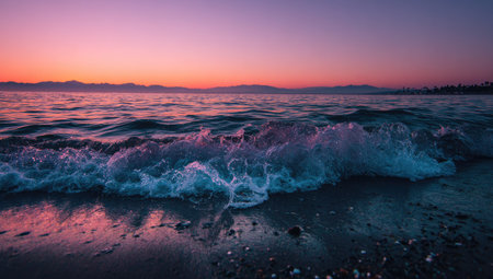 Beautiful sunset over the sea. Colorful sky and waves.の素材