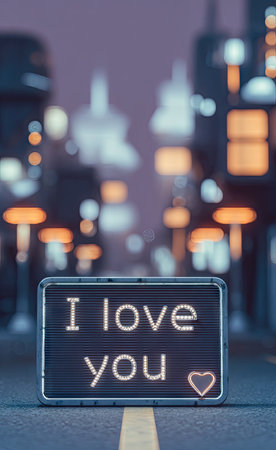 I love you message on the road at night with city lights in the backgroundの素材