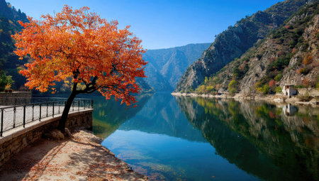Autumn landscape with a lake and colorful trees. Crimea, Ukraineの素材