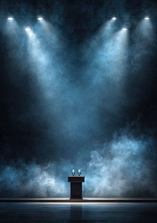 Podium and spotlights on stage with smoke and spotlights backgroundの素材