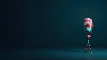 Retro microphone on stand in dark room. 3D rendering.の素材