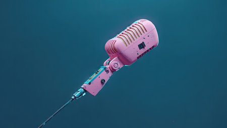 vintage microphone on the background of the sea, retro style.の素材