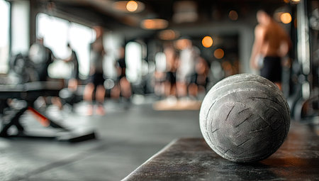 Close up of a fitness ball on a table in a gym.の素材
