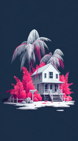 3D render of a tropical house with palm trees on the islandの素材