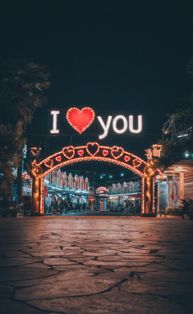 I love you sign at night, Valentine's day in the cityの素材