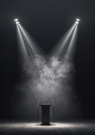 Podium with spotlight and smoke on black background. 3d renderingの素材