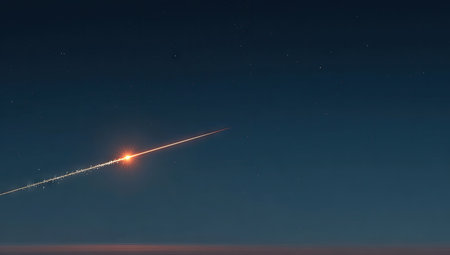 A view of the night sky with a rocket in the foreground.の素材