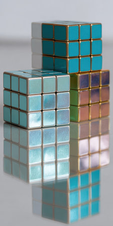 A close up shot of a set of colorful puzzle cubes with reflectionの素材