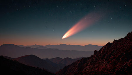 A comet in the night sky over the mountains. 3d renderingの素材