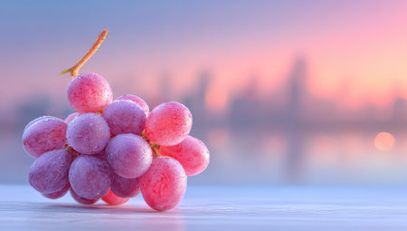Grapes on a wooden table with cityscape in the backgroundの素材