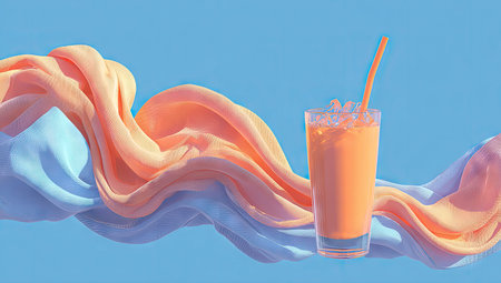Orange juice in a glass with a straw on a blue background. 3d illustrationの素材