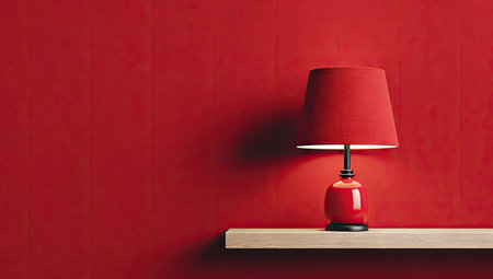Red lamp on bookshelf on red wall background. 3d renderingの素材