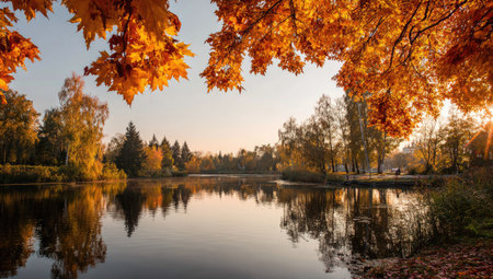 Autumn landscape with lake and trees in the park at sunset.の素材