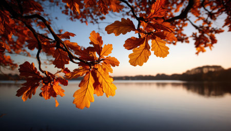 Autumn leaves on a tree over a lake with a beautiful sunset in the backgroundの素材