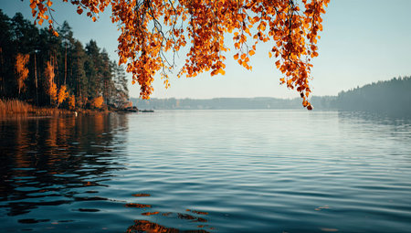 Beautiful autumn landscape with lake and trees at sunset. Fall season.の素材