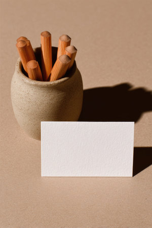 Blank business card and pencils in clay pot on brown backgroundの素材
