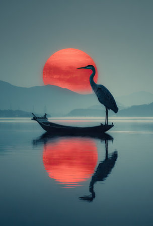 Silhouette of a heron on a boat at sunset.の素材