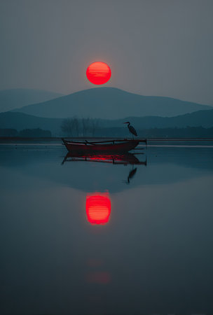 Sunset on the lake with a boat and silhouette of a birdの素材