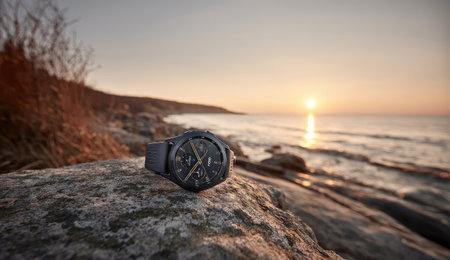 Wrist watch on a rock near the sea at sunset. Selective focus.の素材