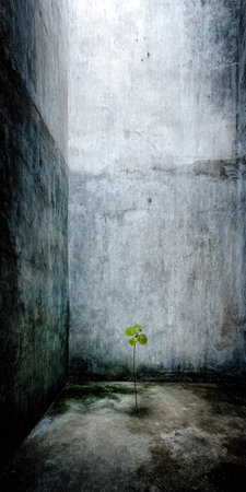 Green plant growing from concrete wall in grunge room with copy spaceの素材