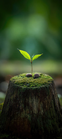 Young plant growing on a tree stump in the forest. Ecology conceptの素材
