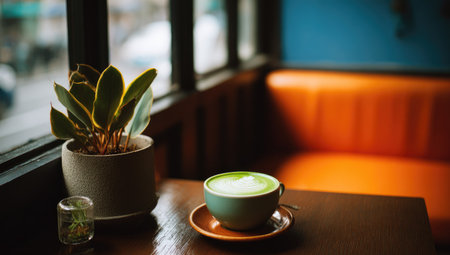 Green tea latte or matcha latte in a cup on wooden table.の素材