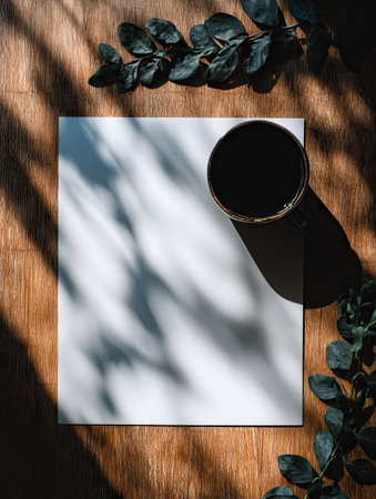 Coffee cup and blank paper on wooden table. Flat lay, top viewの素材