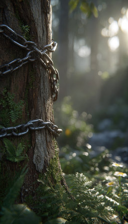 Old tree with chain and sunbeams in the forest, close upの素材