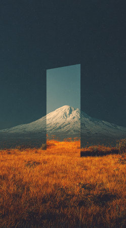 Digital composite of Open door in field with mountain and starry skyの素材