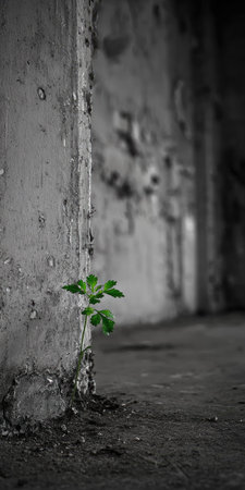 Green sprout growing from crack in concrete wall. Conceptual image.の素材