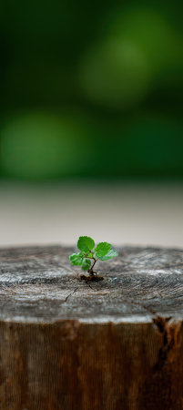Young plant growing on a tree stump with bokeh background.の素材