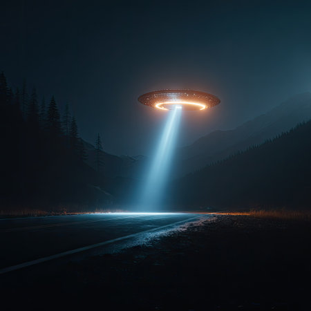 Futuristic UFO flying over the road in the forest. 3d renderingの素材