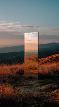 Glass door in a field with mountains in the background at sunset.の素材